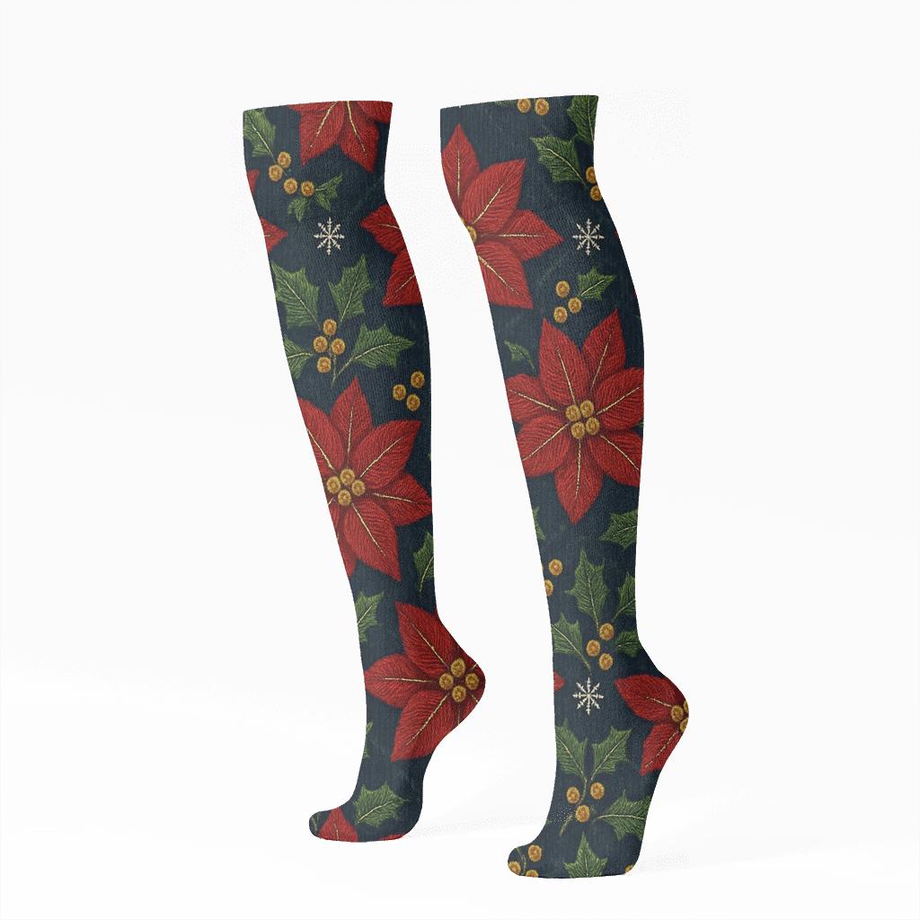 Embroidered Poinsettia Snowflake Lattice on Midnight Navy Background Knee-High Socks