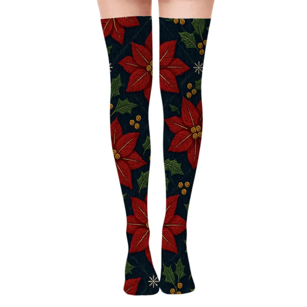 Embroidered Poinsettia Snowflake Lattice On Midnight Navy Background designer print over-the-knee socks