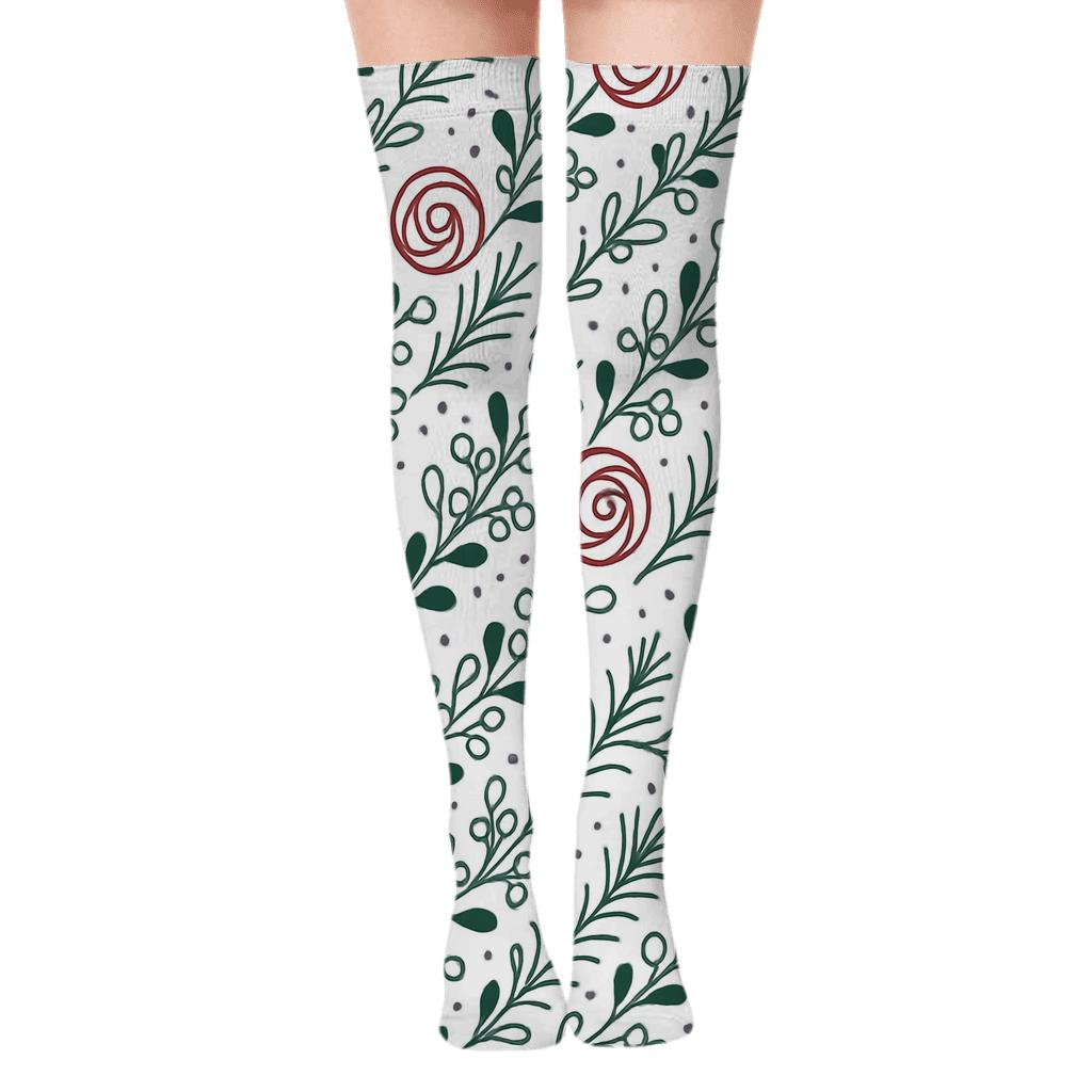 Candy Cane Rose Vines Diagonal Repeat On Snow White Background designer print over-the-knee socks