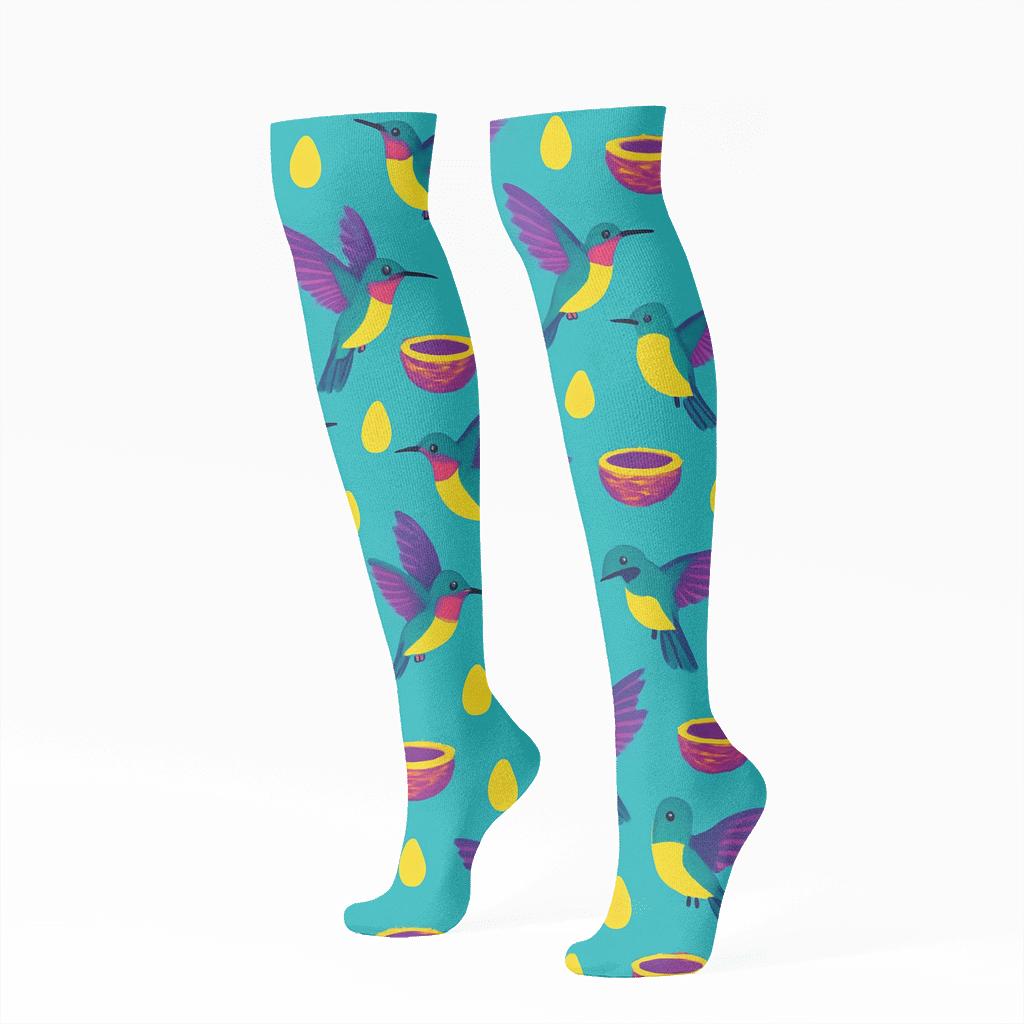Hummingbird Nectar Spiral Scatter On Turquoise unique graphic knee-high socks
