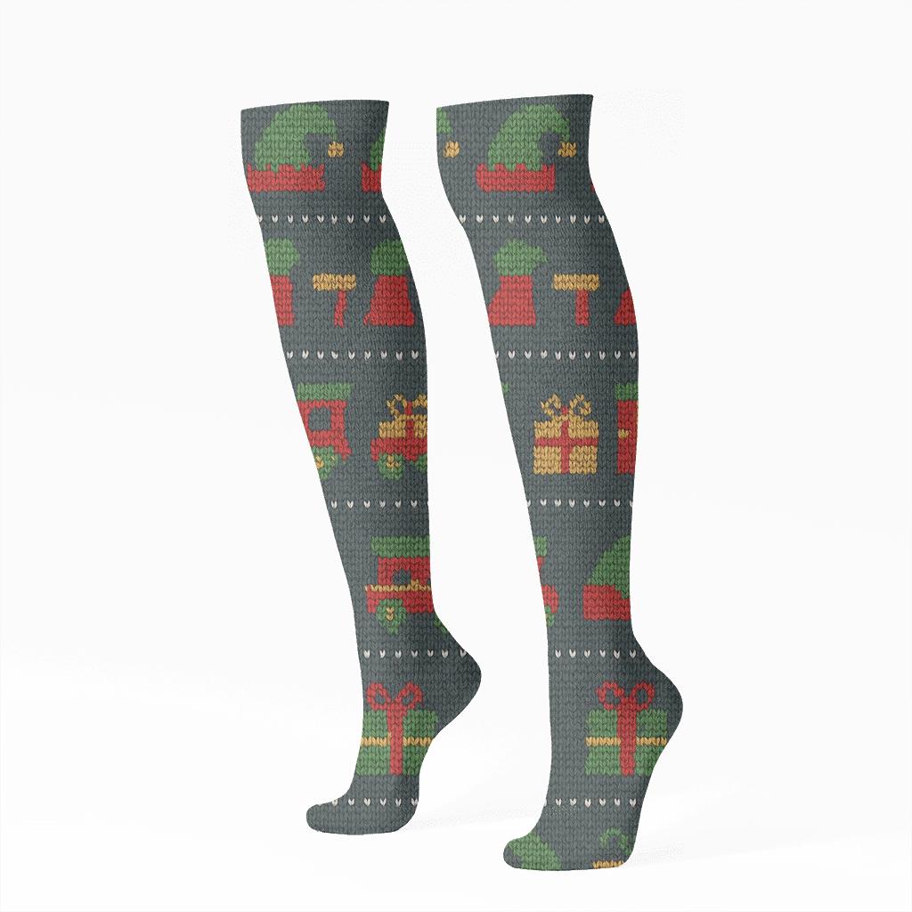 Elf Workshop Tools In Christmas Stripe Bands comfortable cotton knee-high socks