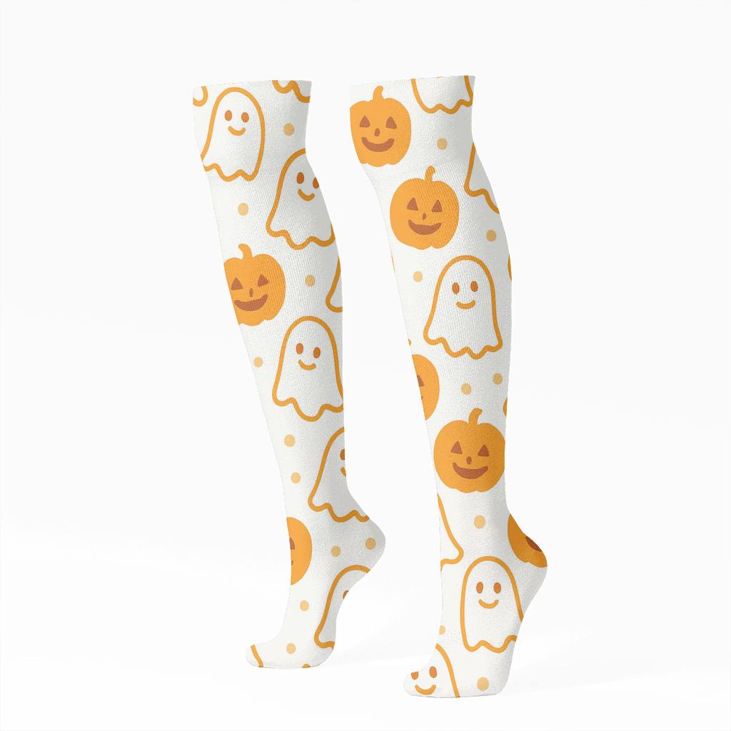 Ghost And Orange Pumpkin Polka Dot Repeat On White Background soft everyday knee-high socks