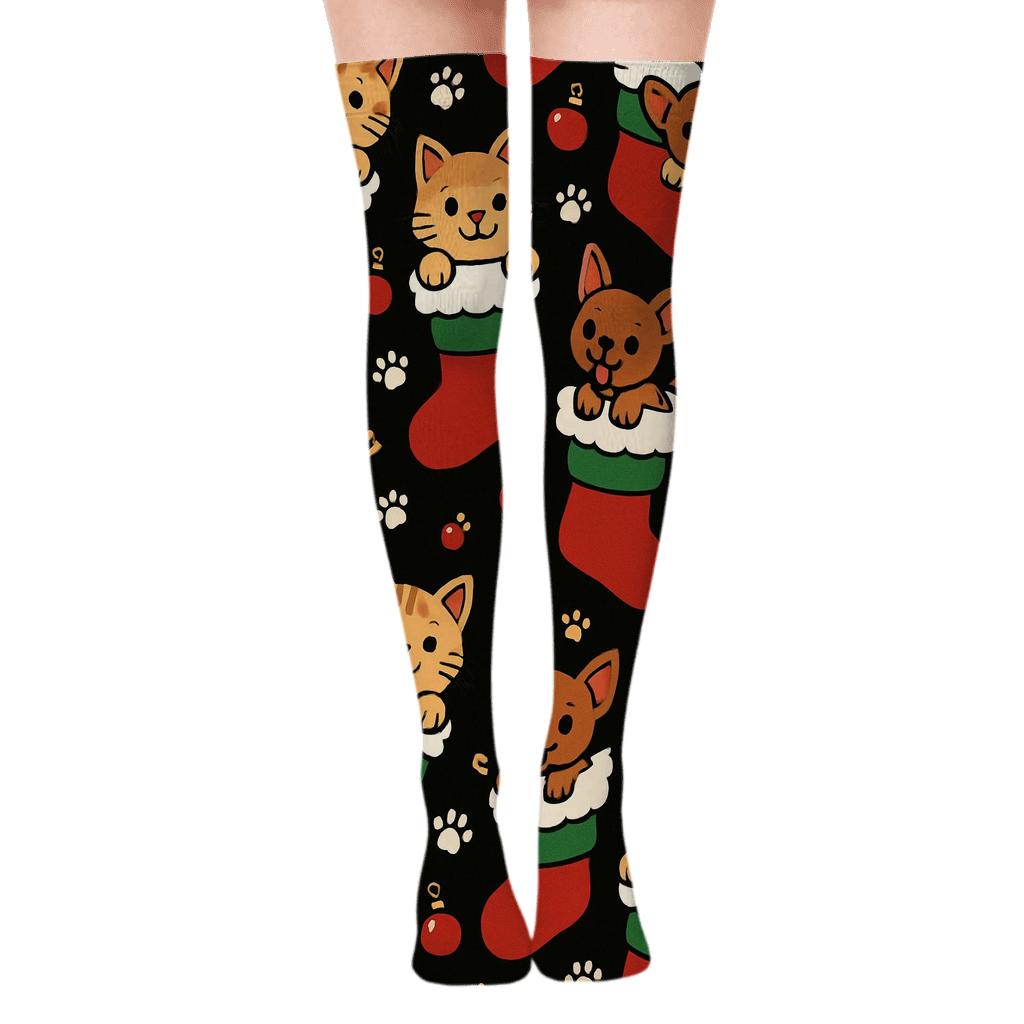Holiday Pet Stocking Icons On Black Repeat comfortable cotton over-the-knee socks