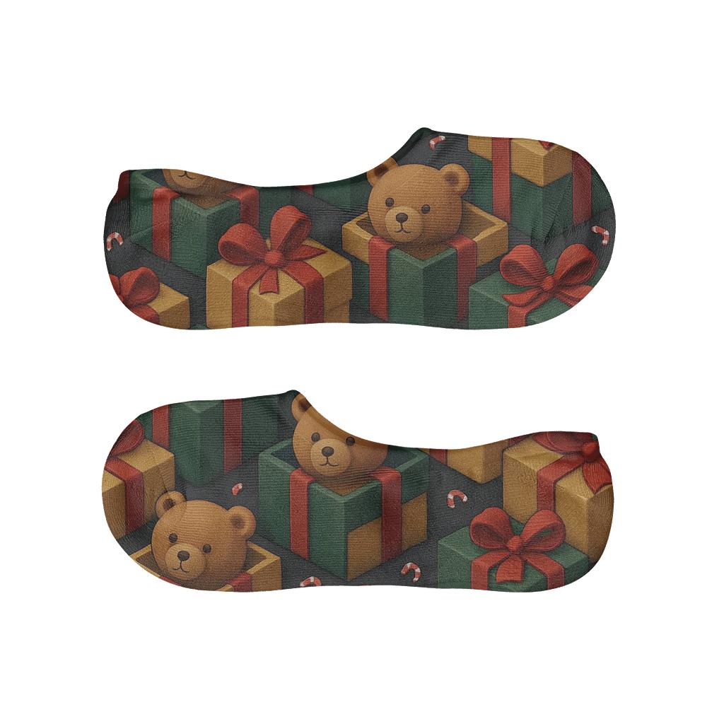 3D Bear Gift Box Tessellation On Charcoal Background anti-slip no-show socks