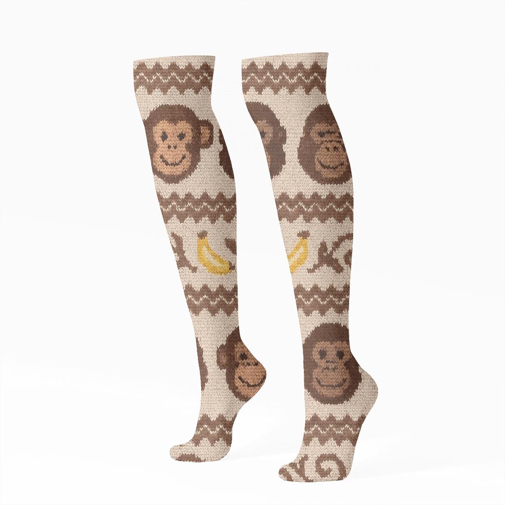 Knitted Jungle Bands With Ape Faces designer print knee-high socks