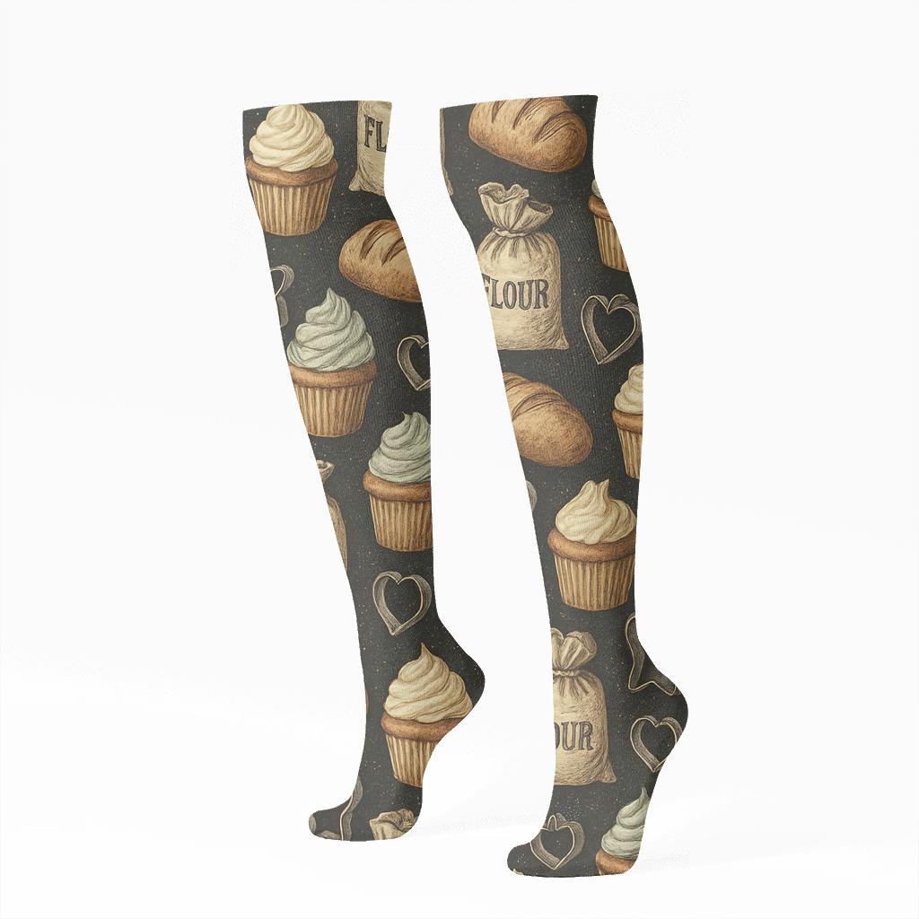 Cupcake Field With Baker Tools designer print knee-high socks