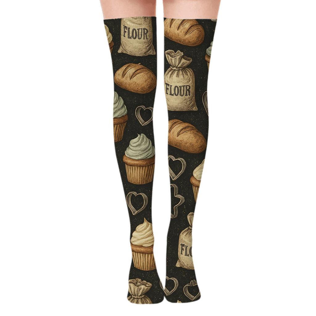 Cupcake Field With Baker Tools trendy patterned over-the-knee socks