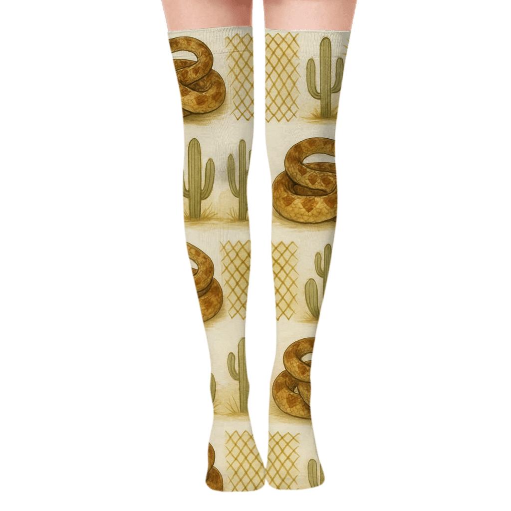 Desert Cactus Bands With Rattlesnake Motifs, Snake premium cozy over-the-knee socks