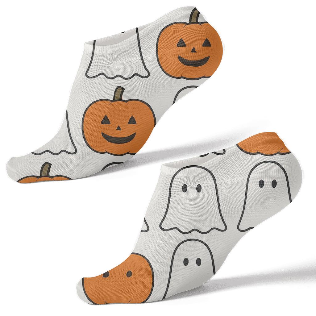 Orange Pumpkin And Ghost Checkerboard On White Background custom ankle socks