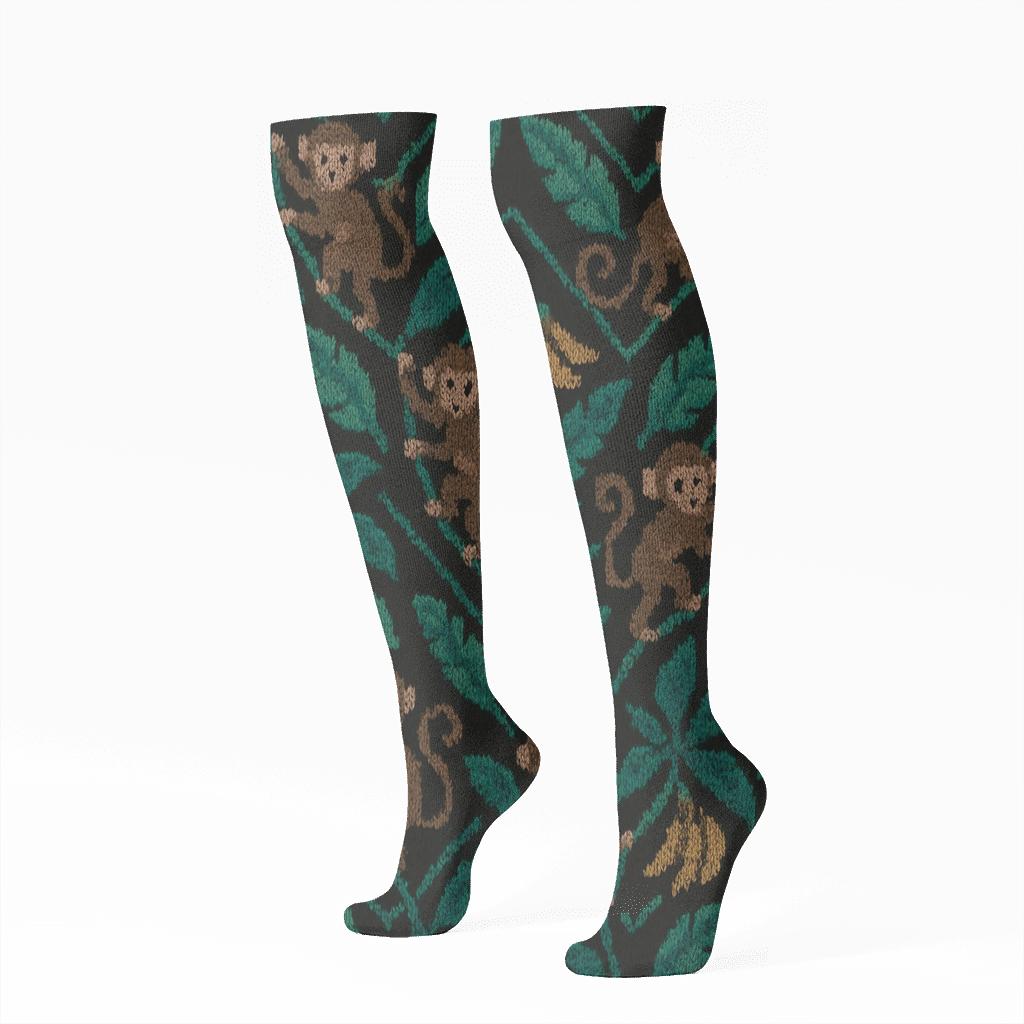 Knitted Jungle Chevron Monkey Motif designer print knee-high socks
