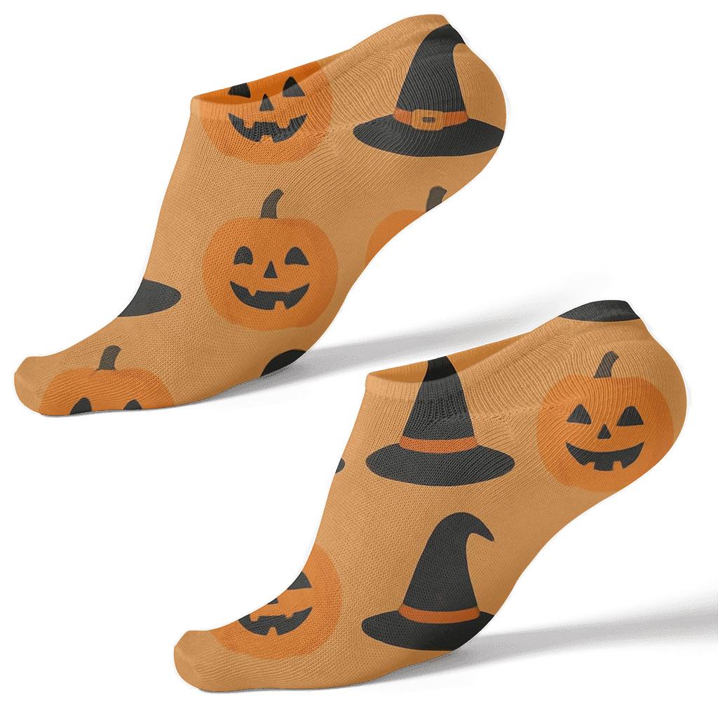 Witch Hat And Jack O Lantern Alternating Tiles On Orange Background designer print ankle socks