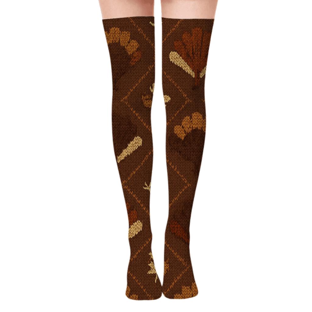 Knitted Pattern Illusion With Turkey Feather Lattice designer print over-the-knee socks