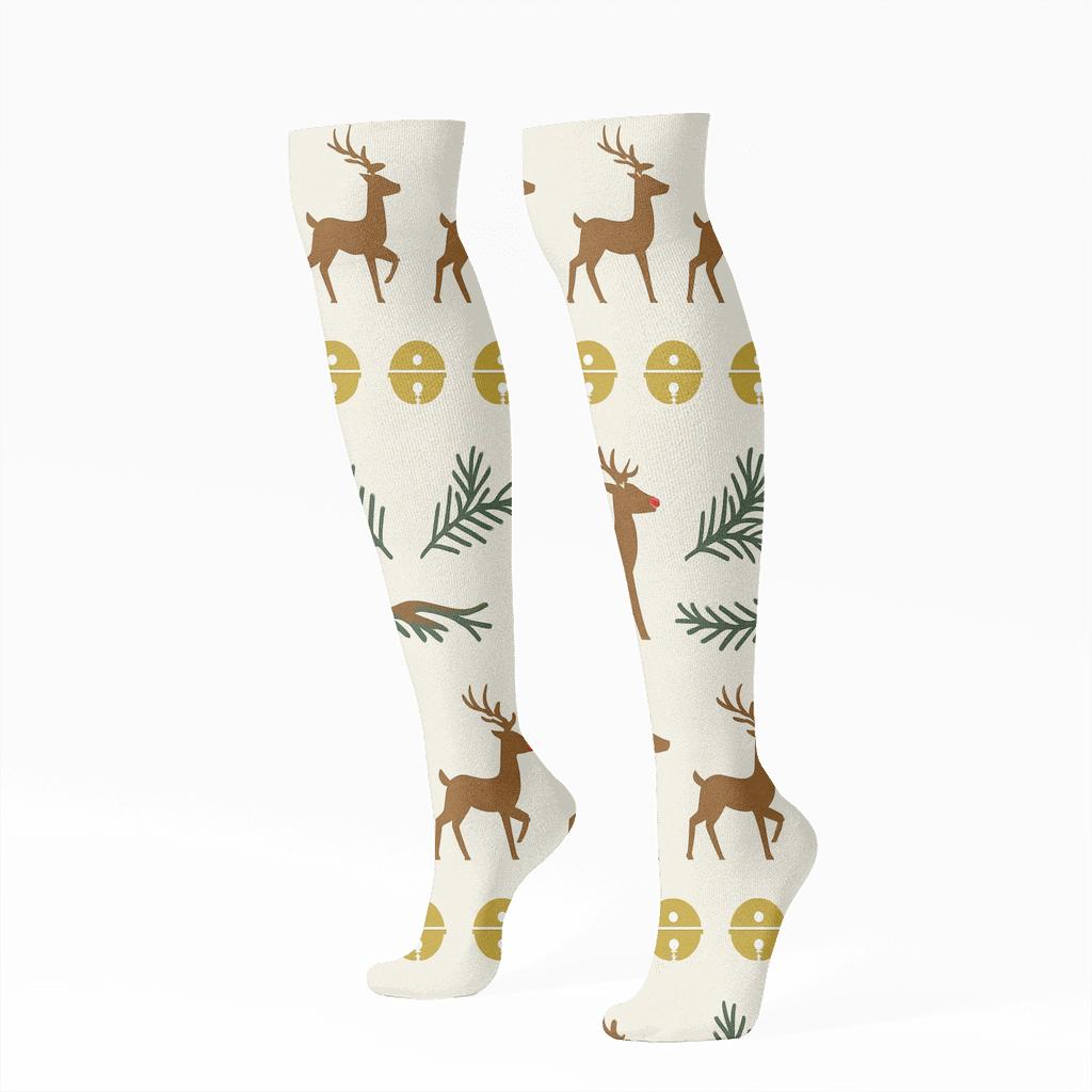 Nordic Poster Style Reindeer Parade Rudolph designer print knee-high socks