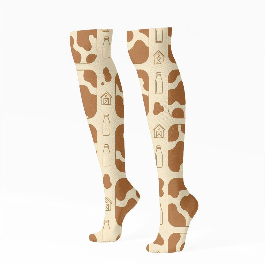 Retro Dairy Label Patchwork Spots On Cream custom knee-high socks