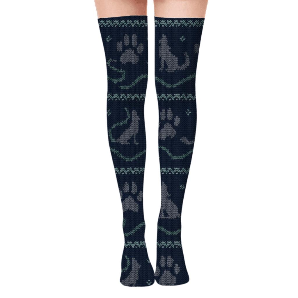 Knitted Illusion Fair Isle Gray Wolf Trail Bands soft everyday over-the-knee socks