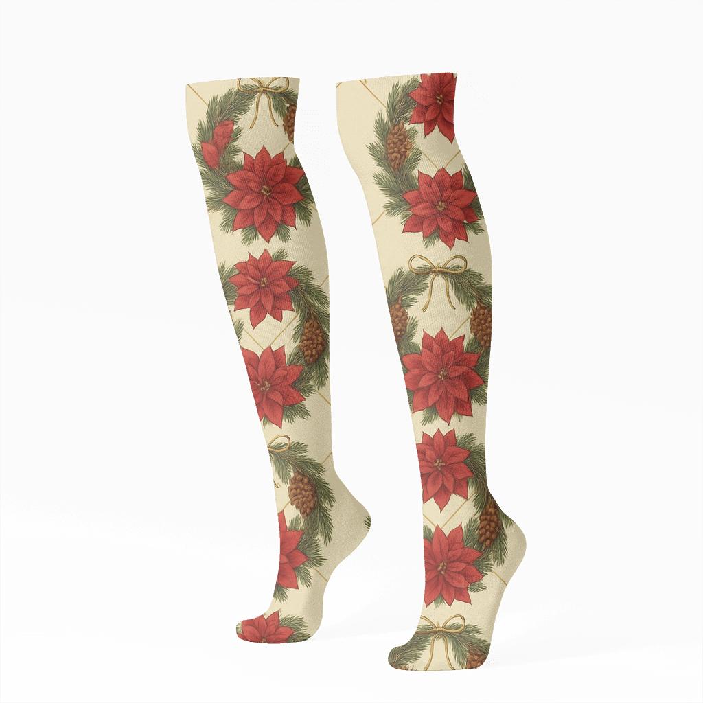 Vintage Botanical Poinsettia Wreath Lattice On Warm Ivory premium sports knee-high socks