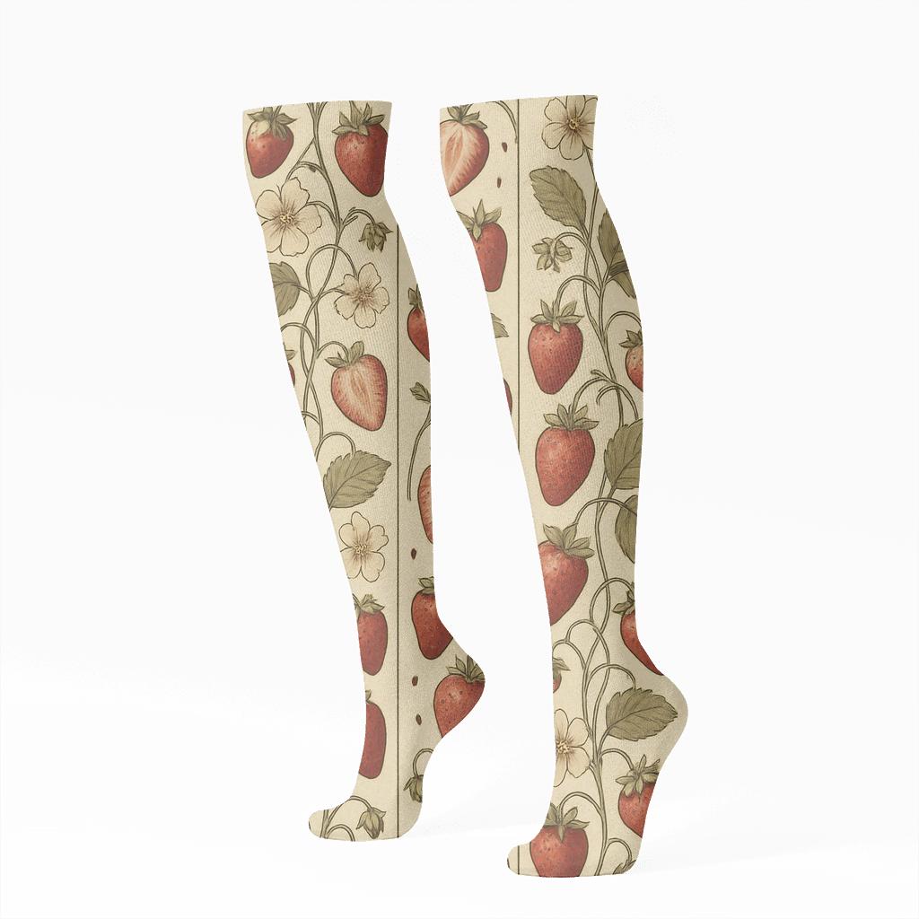 Vintage Strawberry Herbarium Stripe Grid On Ivory Background comfortable cotton knee-high socks