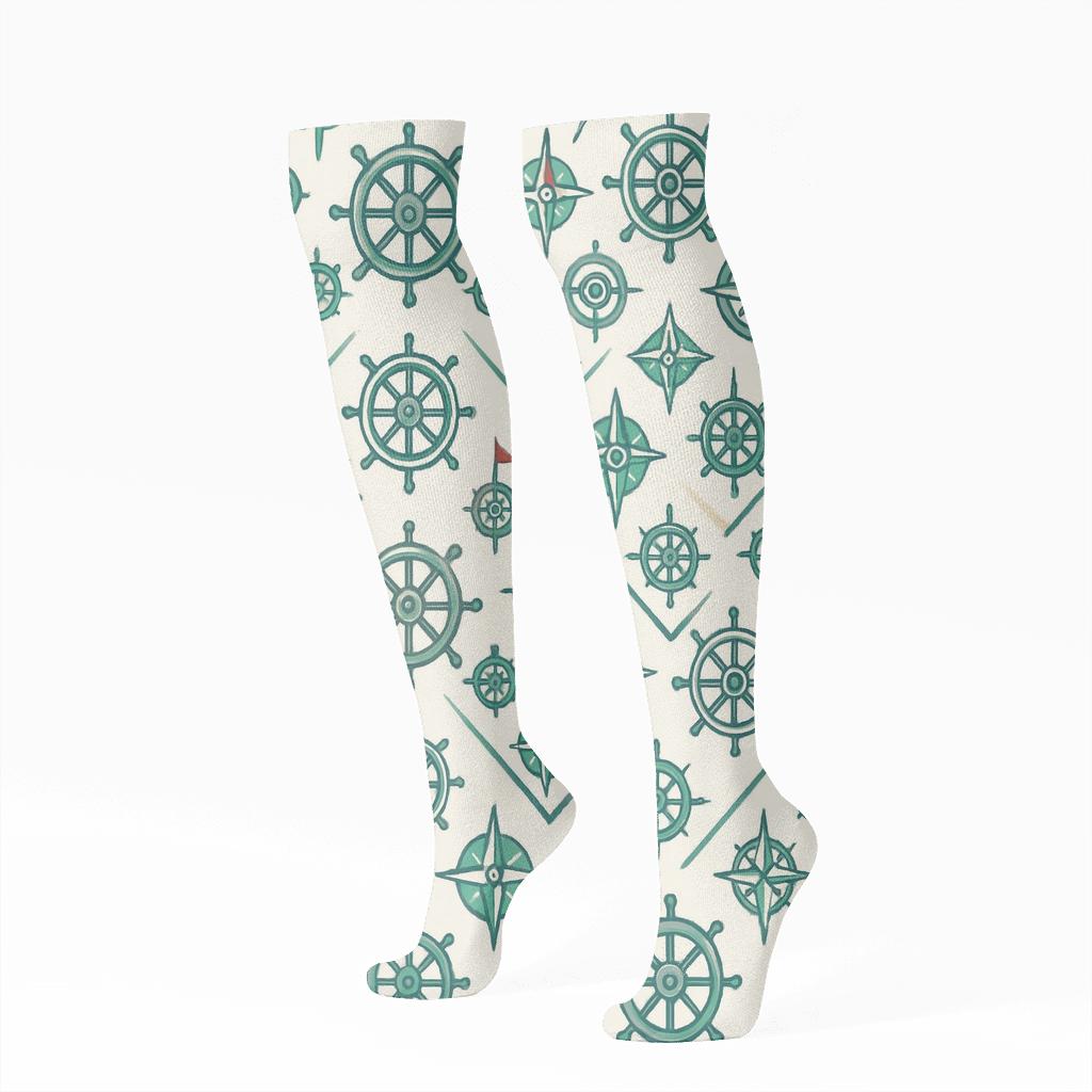 Ship Captain Compass Wheel Chevron comfortable cotton knee-high socks