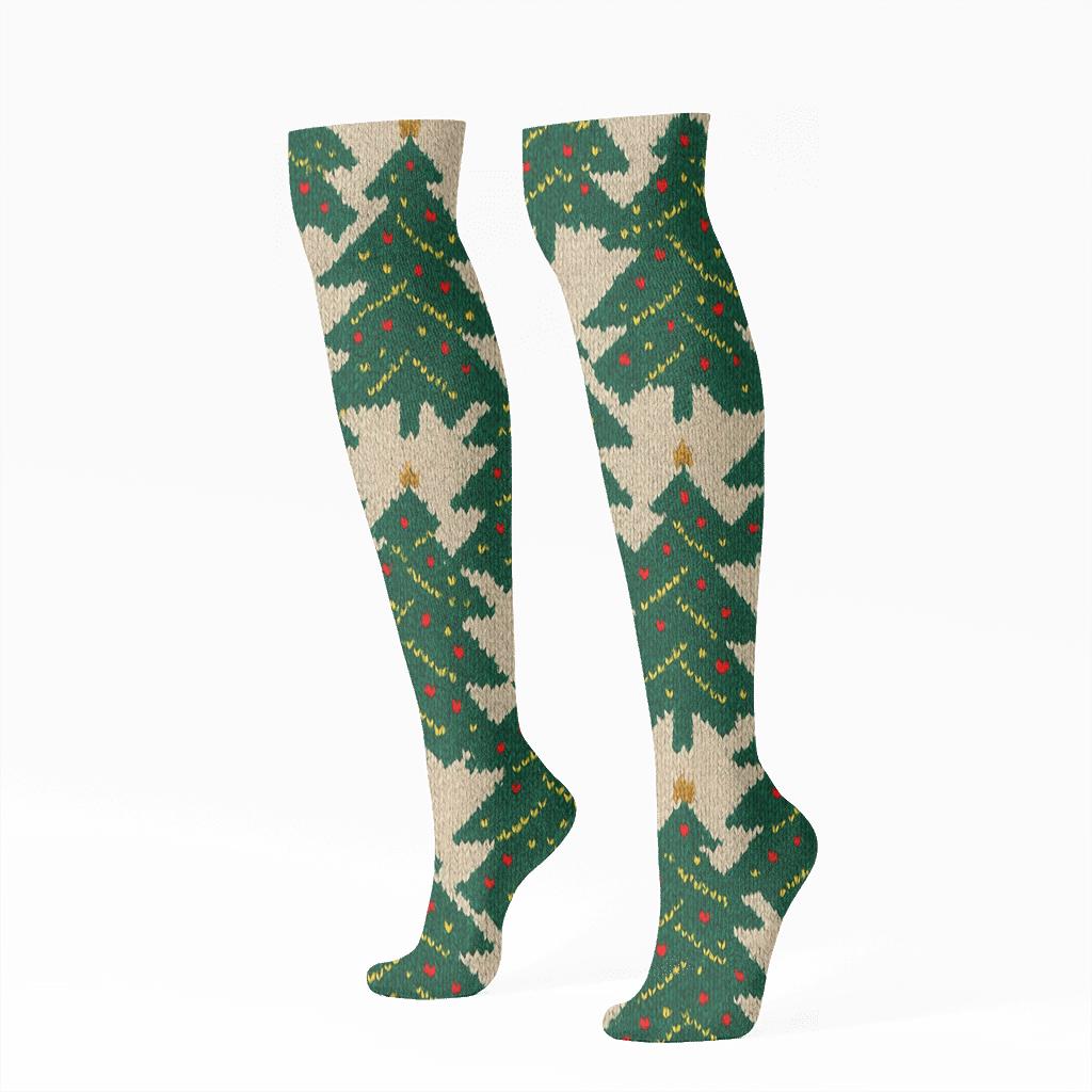 Knitted Illusion Christmas Tree Chevron Knit unique graphic knee-high socks