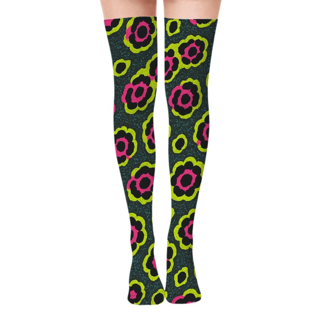 Neon Rosette Wave On Charcoal Background stylish fashion over-the-knee socks