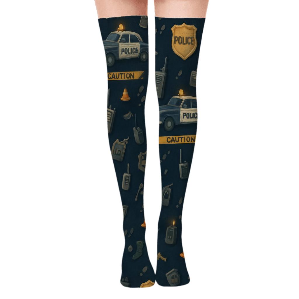 Midnight Checkpoint Pattern With Security Guard Icons unique graphic over-the-knee socks
