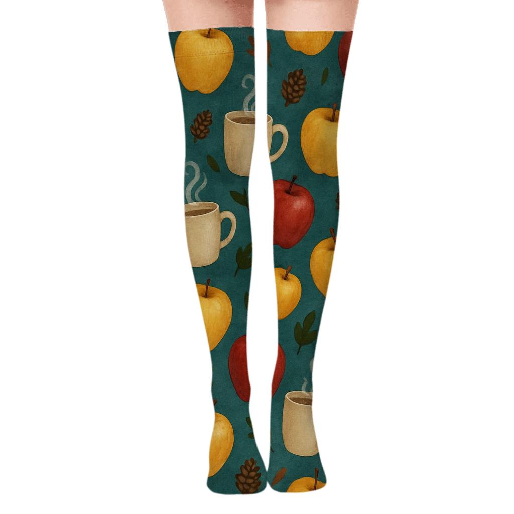 Watercolor Apple And Coffee Mug Scatter On Deep Teal Background designer print over-the-knee socks