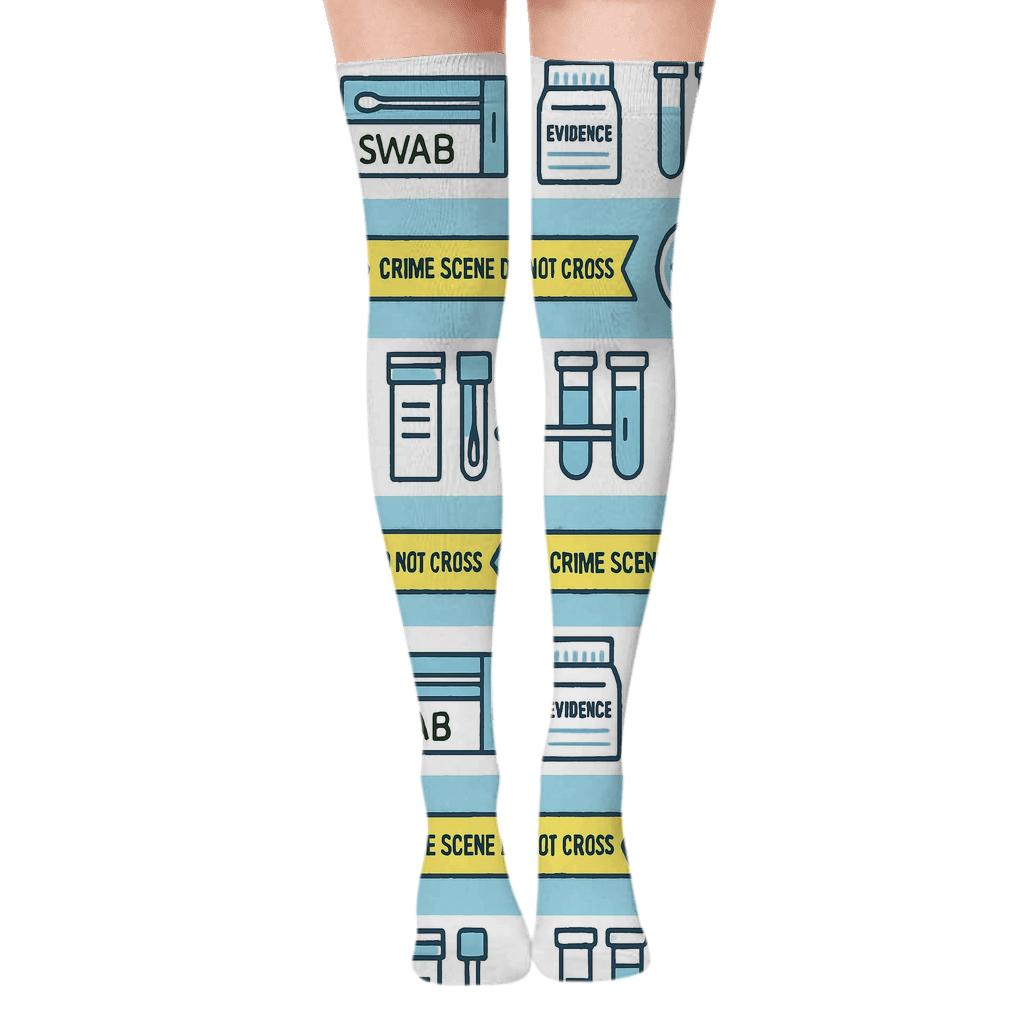 Evidence Collage With Forensic Scientist Motif Bands designer print over-the-knee socks