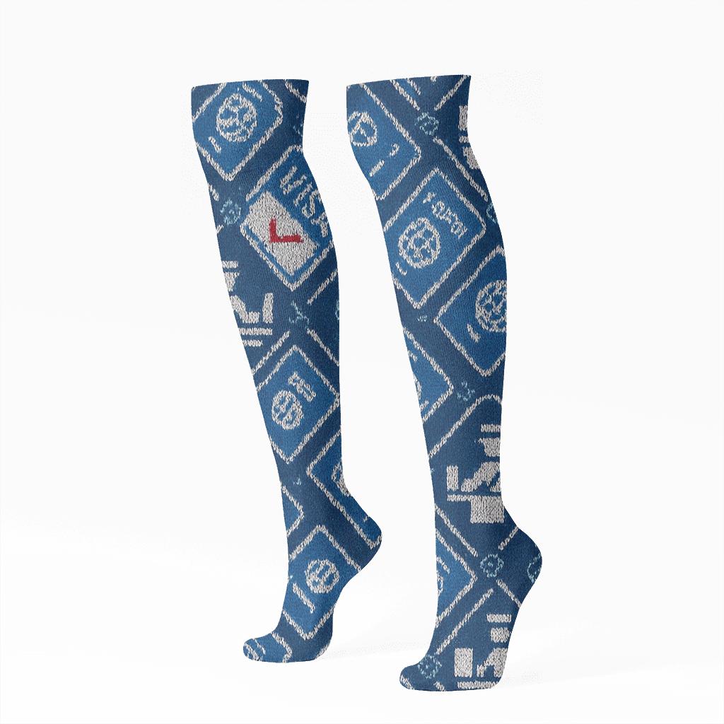 Immigration Officer Visa Stamp Lattice On Navy Field stylish athletic knee-high socks