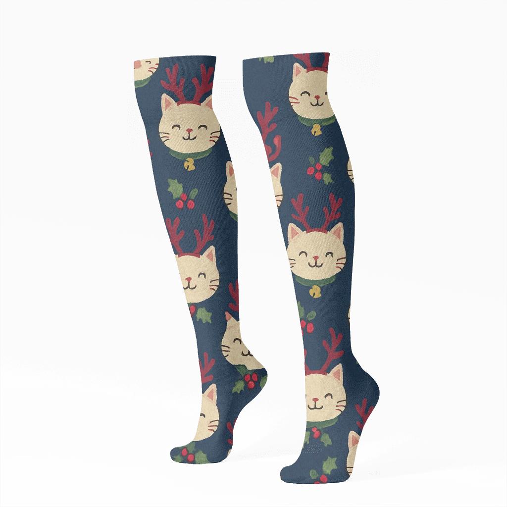 Midnight Reindeer Cat Knit Chevron unique graphic knee-high socks
