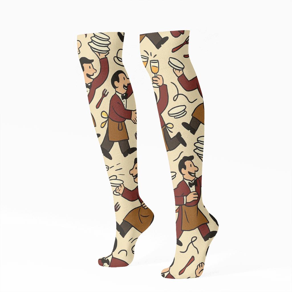 Waiter Juggling Plate Tessellation In Burgundy trendy patterned knee-high socks
