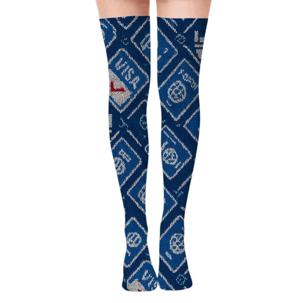 Immigration Officer Visa Stamp Lattice On Navy Field personalized over-the-knee socks
