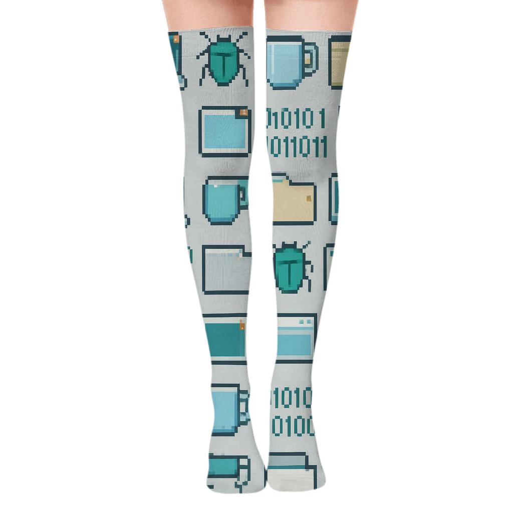 Pixel Icon Scatter With Software Developer Workspace Rhythm premium cozy over-the-knee socks