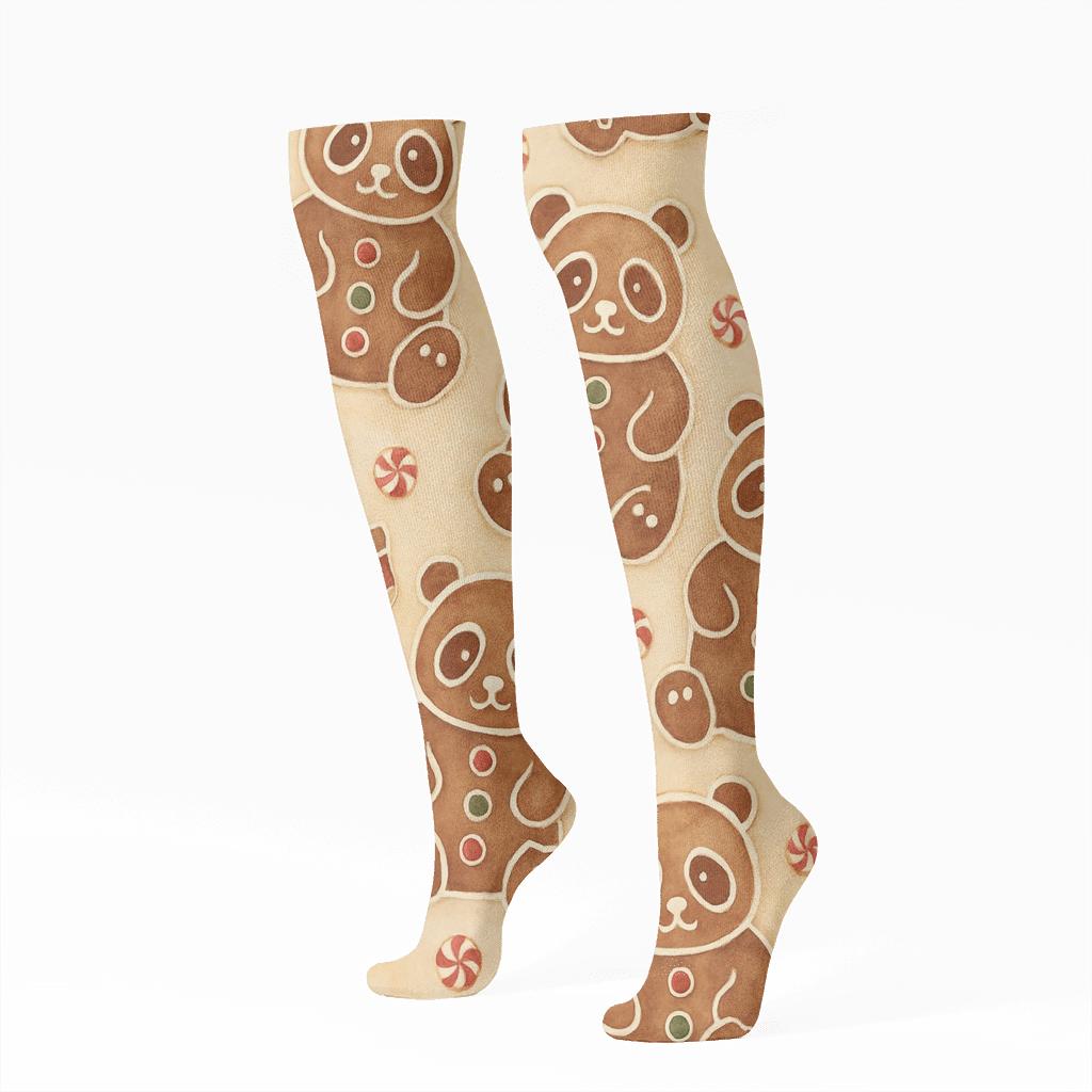 Gingerbread Panda Watercolor Scatter stylish athletic knee-high socks