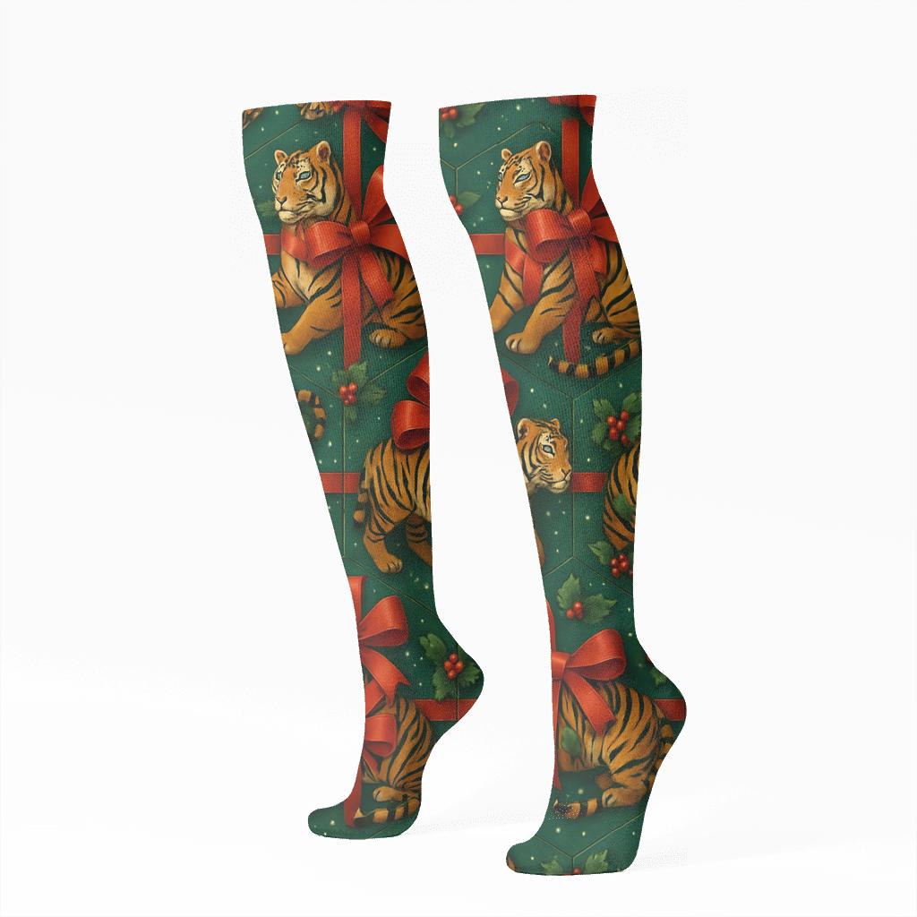 Holly Tiger 3D Ribbon Tessellation trendy patterned knee-high socks