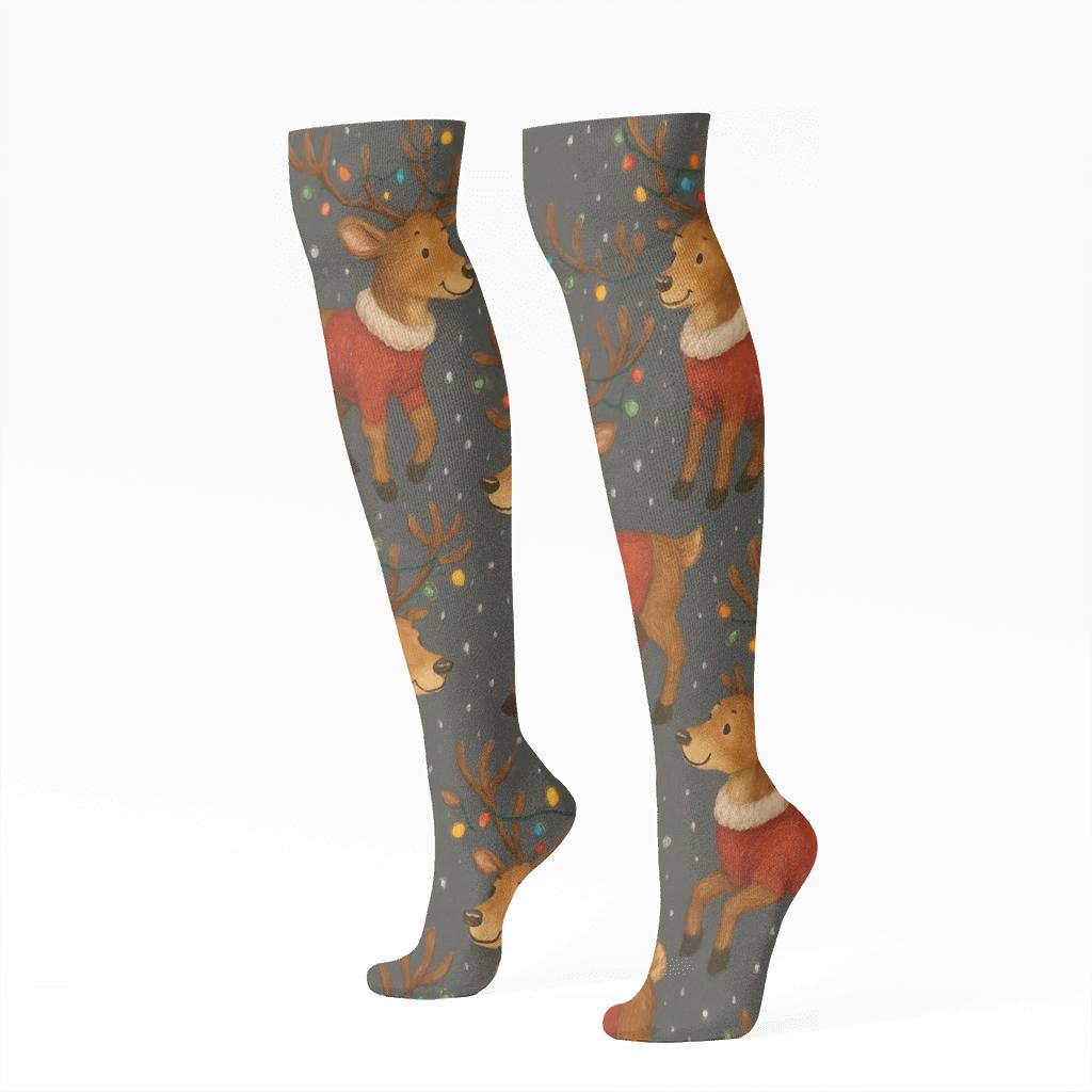 Reindeer With Lights Tangled, Holiday All Over Print designer print knee-high socks