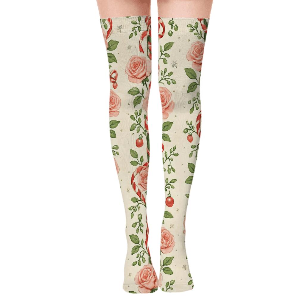 Candy Cane Rose Vines Stripe Repeat On Warm Ivory Background stylish fashion over-the-knee socks