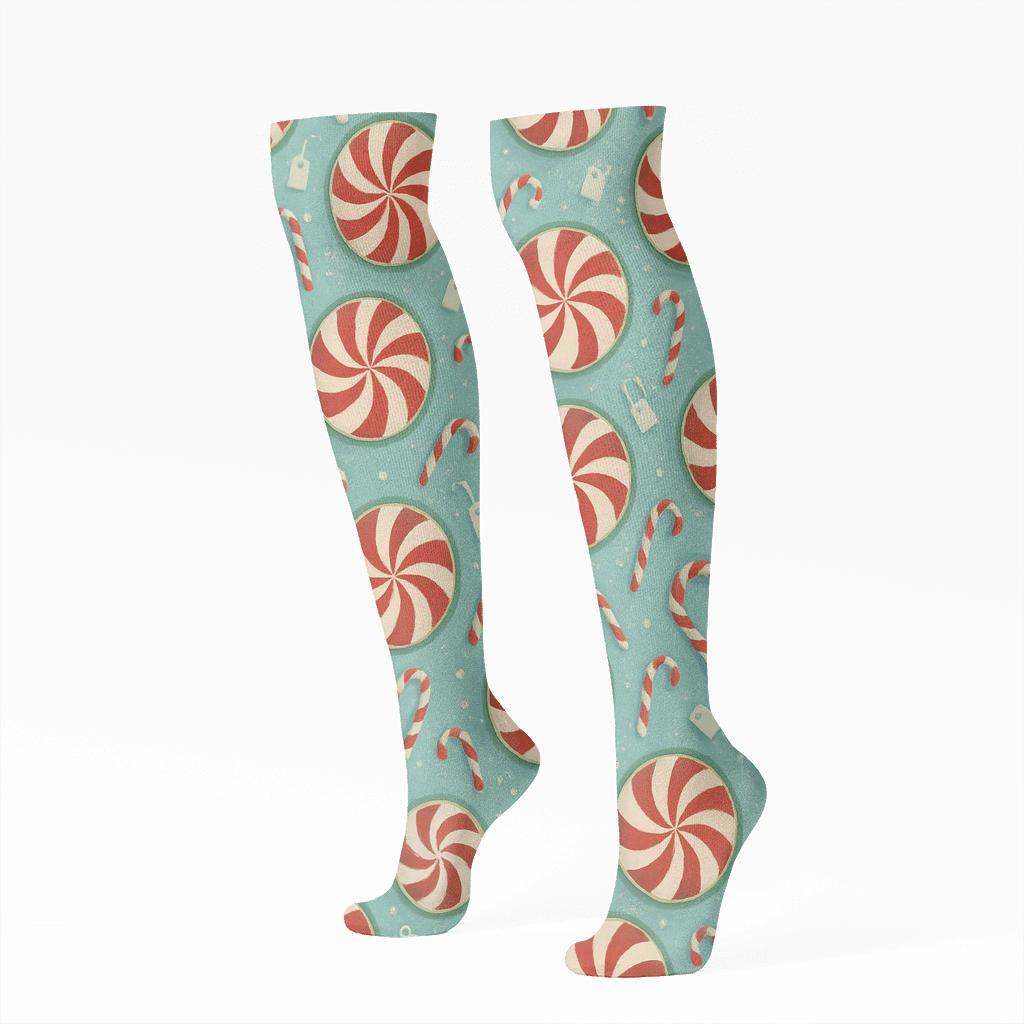 Peppermint Swirl Field With Candy Canes Accents stylish athletic knee-high socks
