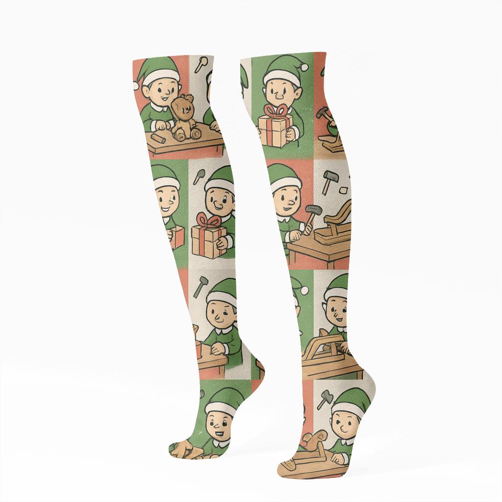 Elves In A Holiday Workshop Grid stylish athletic knee-high socks