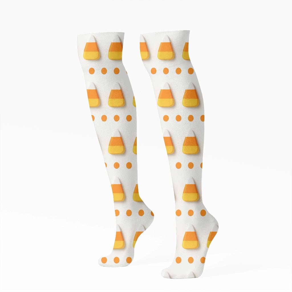 Candy Corn Stripe And Pumpkin Dot Matrix On White Background custom knee-high socks