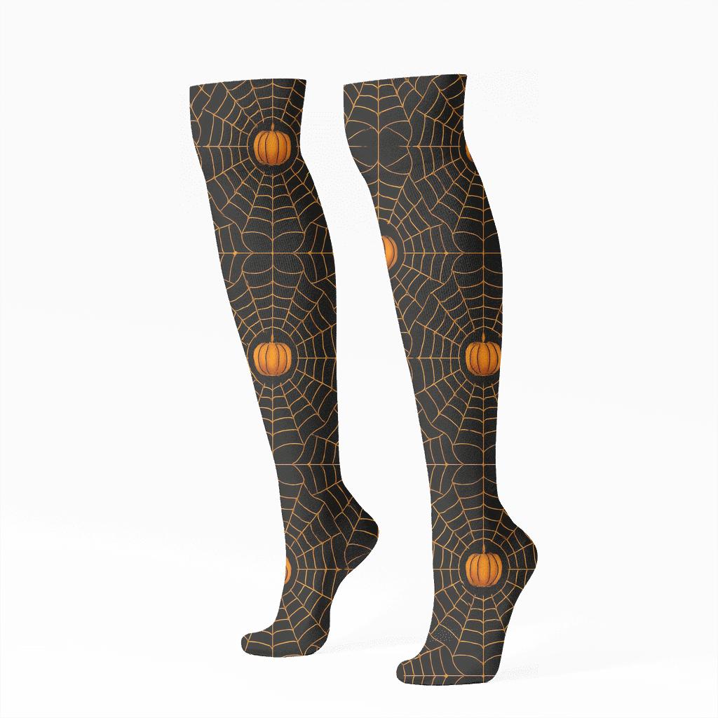 Orange Spider Web Rings And Pumpkin Center Rosettes On Black Background designer print knee-high socks