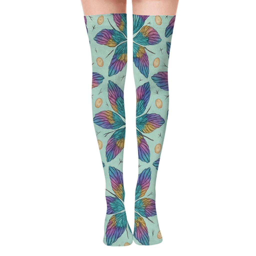 Hummingbird Wing Whorl Tessellation On Mint Background soft everyday over-the-knee socks