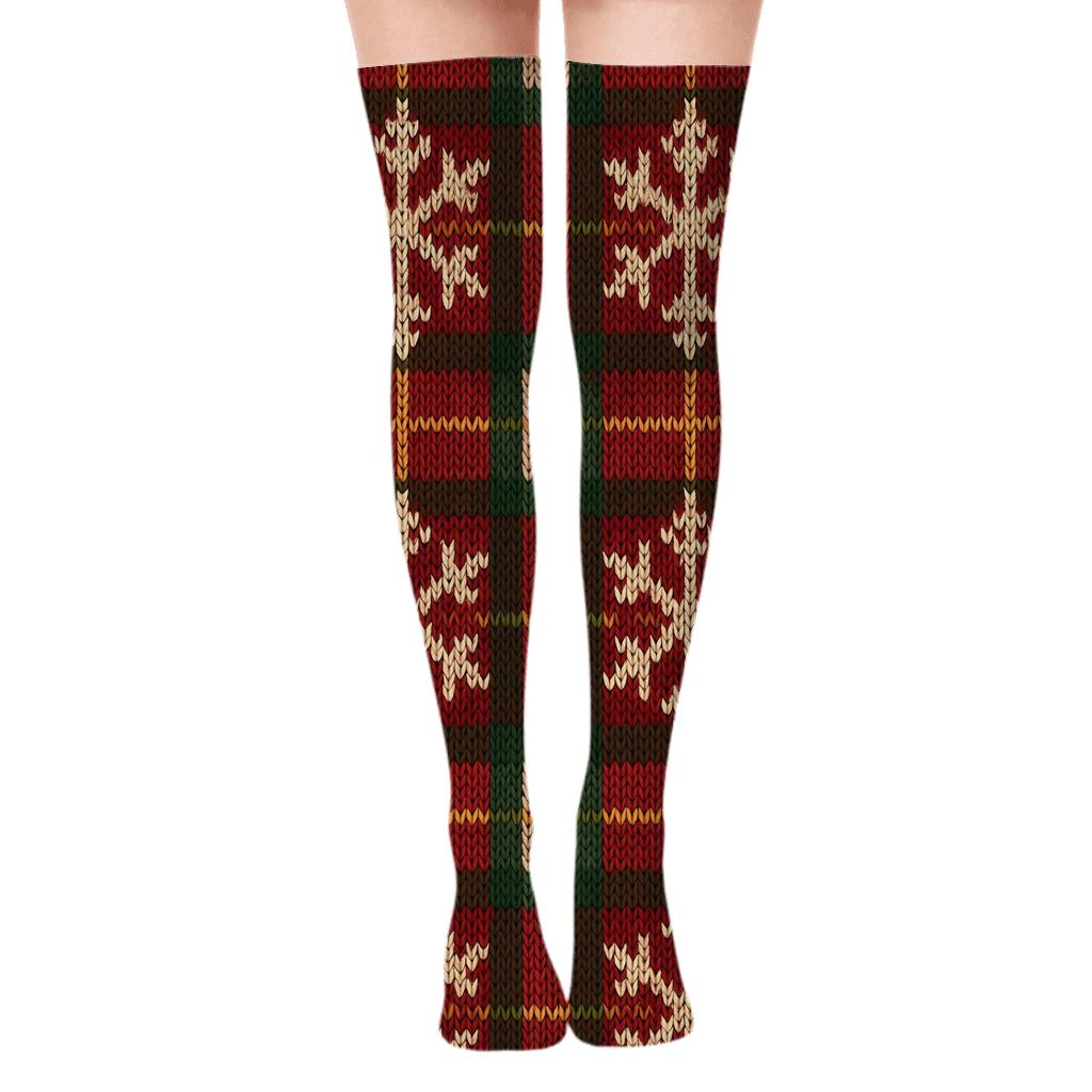 Xmas Plaid Snowflake Overlay In Knitted Illusion trendy patterned over-the-knee socks