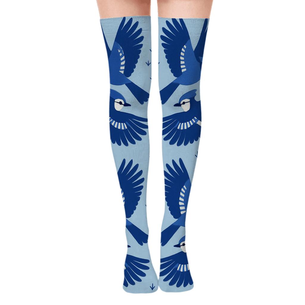 Blue Jay Flight Mirror Panels On Sky Blue Background designer print over-the-knee socks