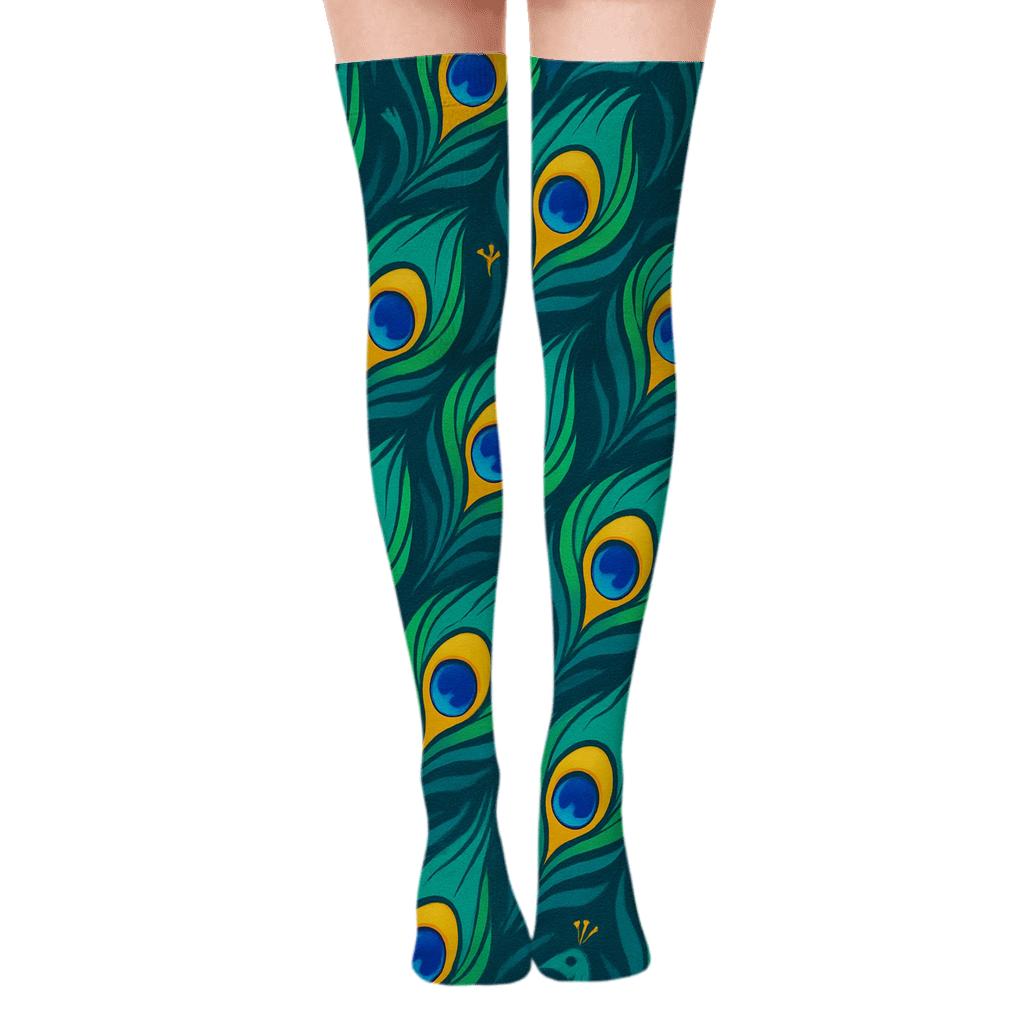 Peacock Tail Eye Mosaic On Deep Teal Background premium cozy over-the-knee socks