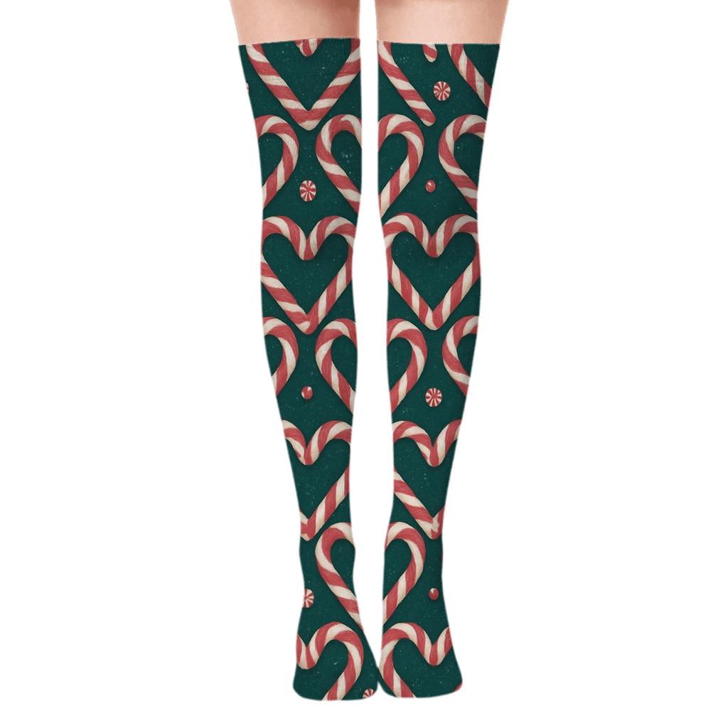 Candy Canes Heart Tessellation On Deep Teal trendy patterned over-the-knee socks
