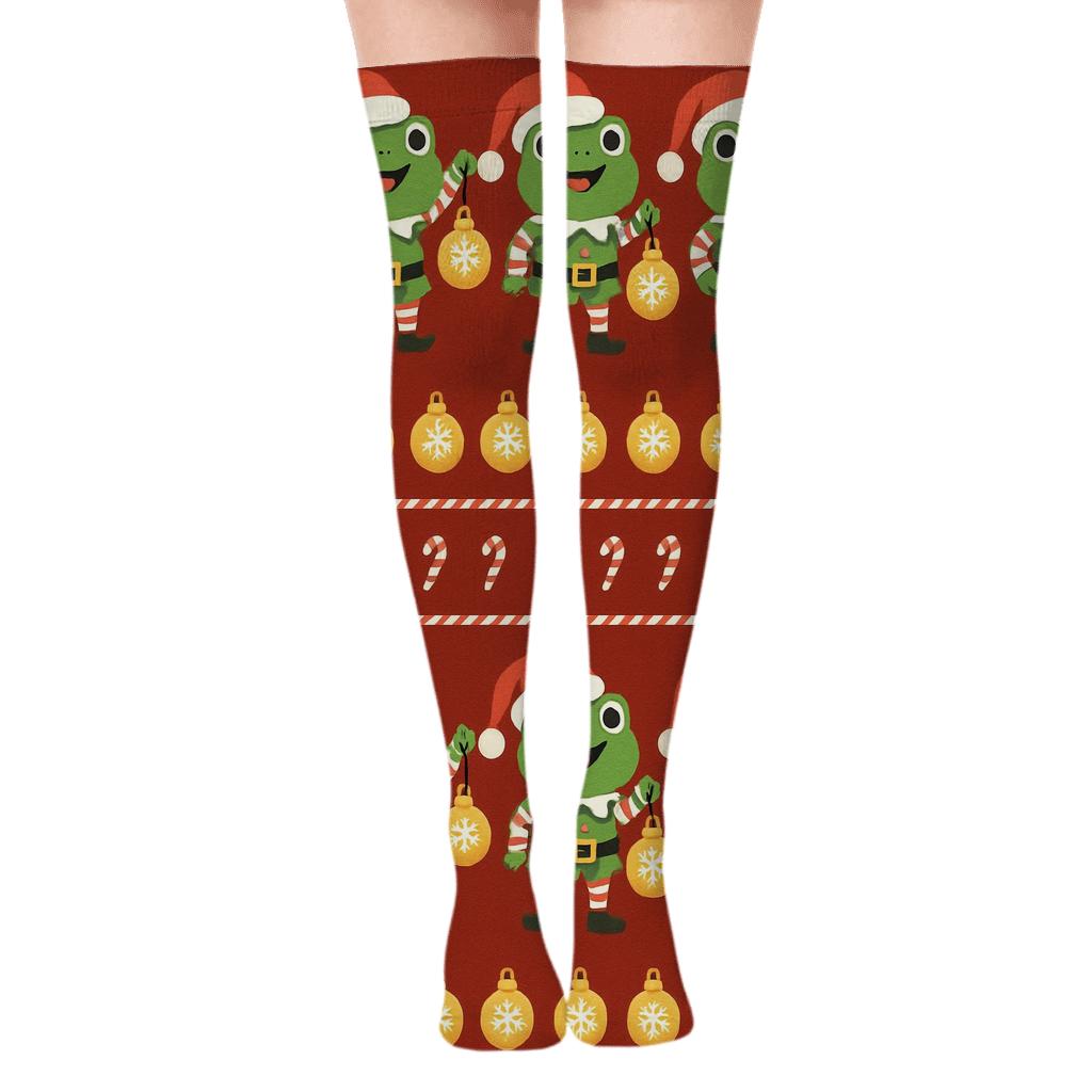 Elf Frog Ornament Stripe Bands soft everyday over-the-knee socks
