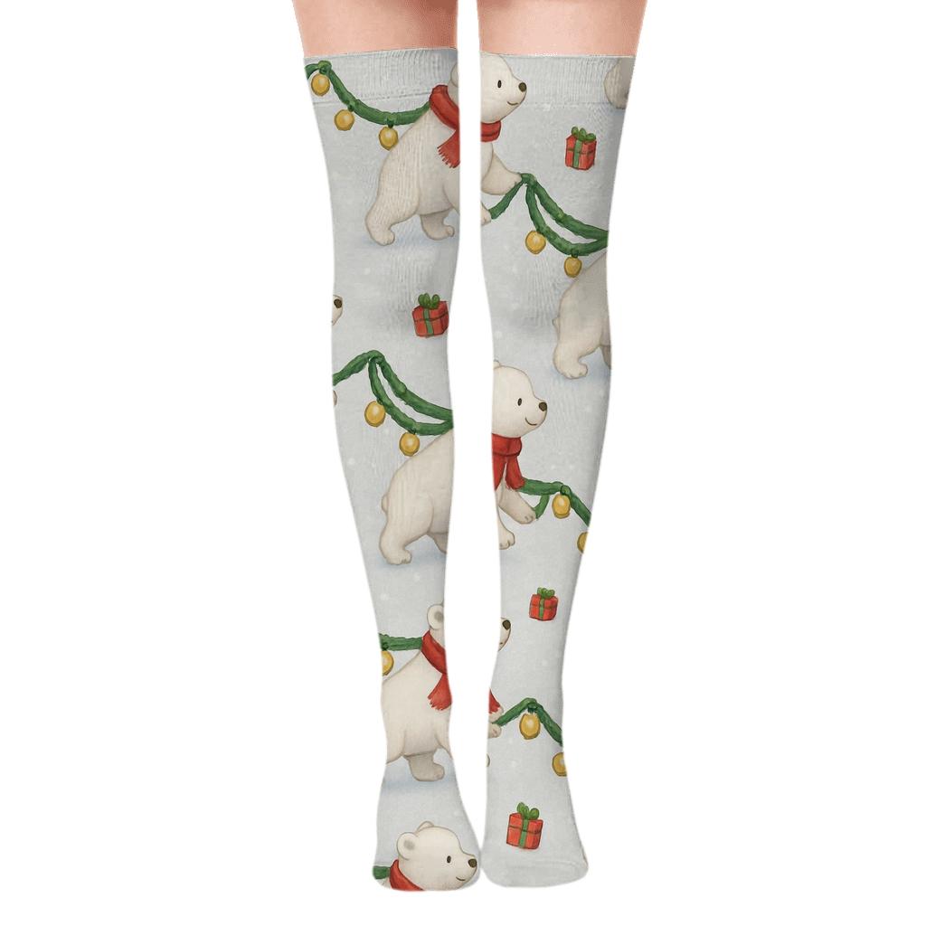 Polar Bear Sleigh Bell Diagonal Array comfortable cotton over-the-knee socks