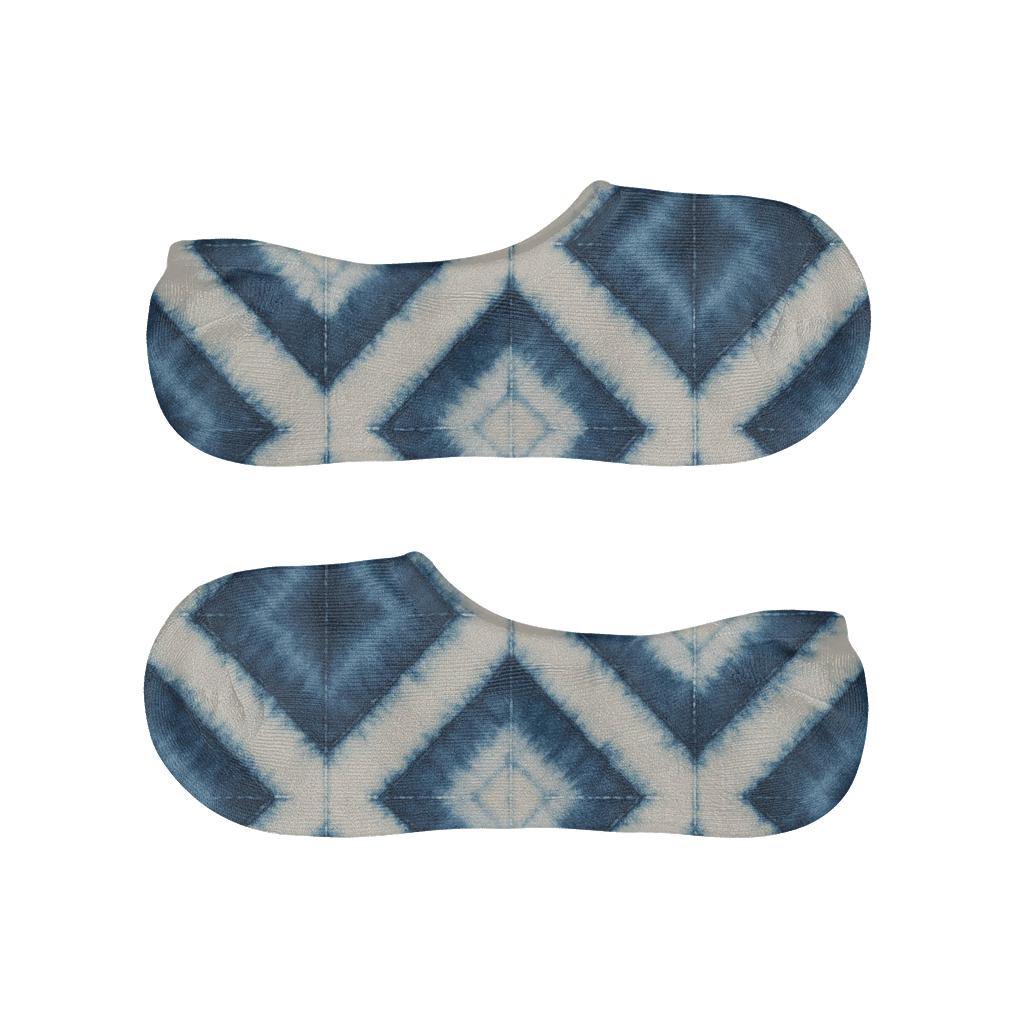 Indigo Shibori Diamond Lattice On Ivory Ground designer printed no-show socks