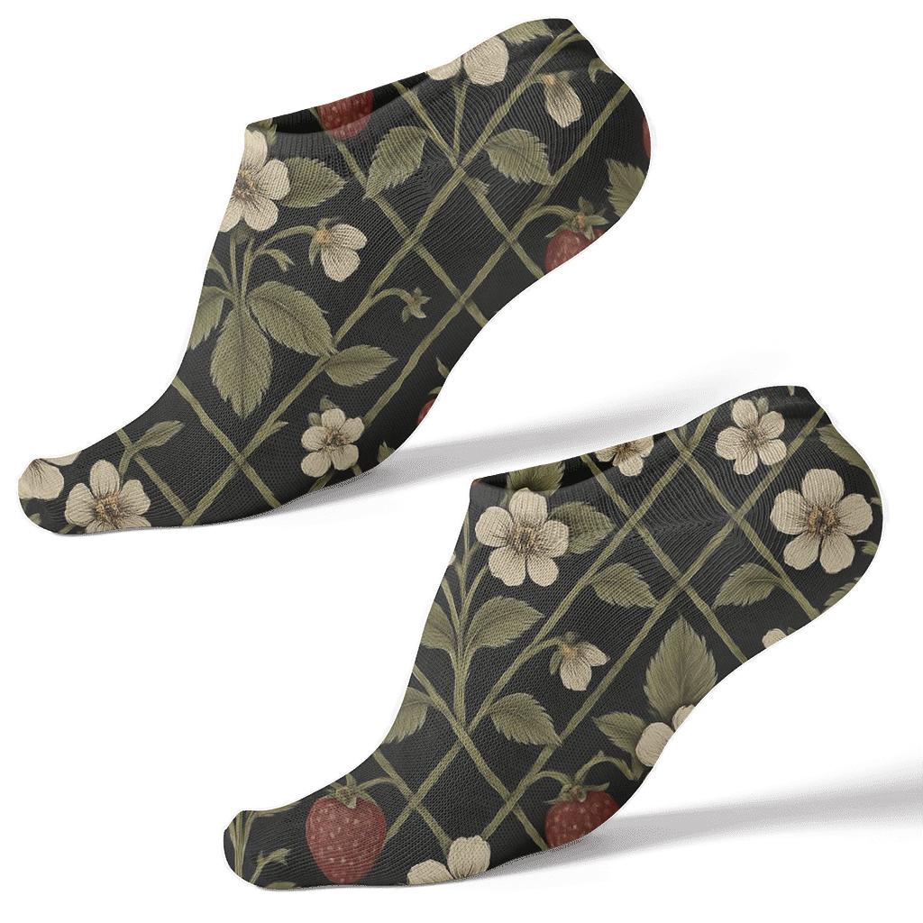 Vintage Strawberry Botanical Lattice On Midnight Field unique graphic ankle socks