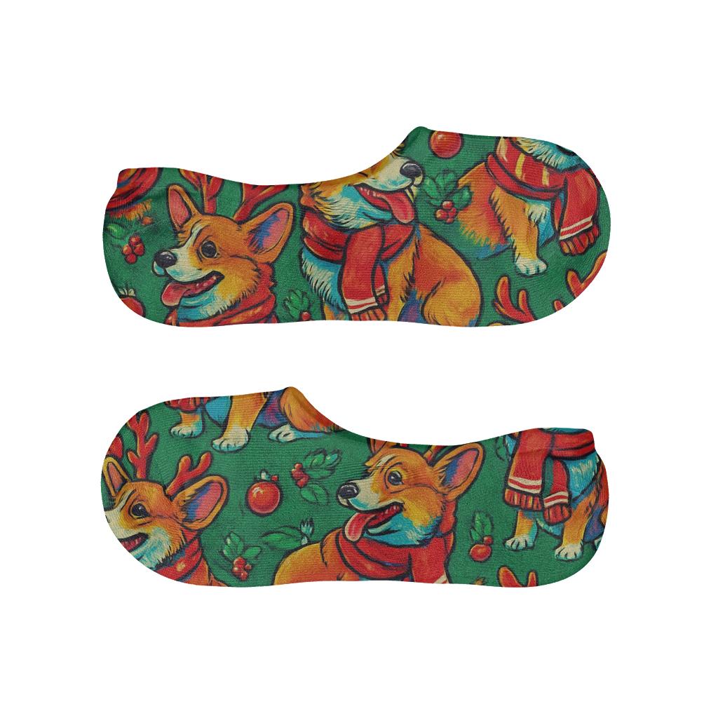 Crimson Reindeer Corgi Wrap Tessellation On Pine Green Background personalized invisible socks